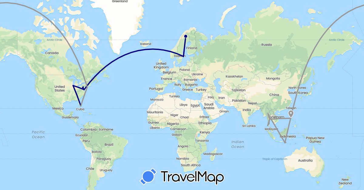 TravelMap itinerary: driving, plane in Indonesia, Philippines, Sweden, Thailand, United States (Asia, Europe, North America)